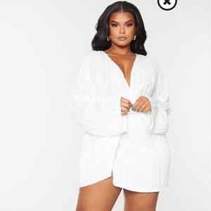 Plus White Textured Wrap Front Dress